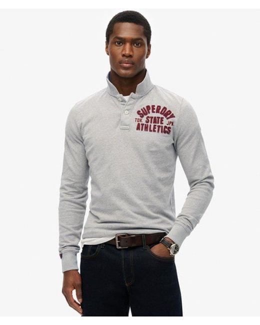 Superdry Gray Vintage Athletic Long Sleeve Polo Shirt for men