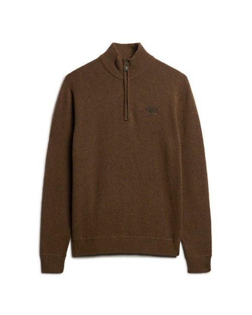 Superdry Brown Essential Embroidered Knitted Half Zip Jumper for men