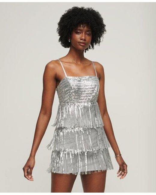 Superdry Gray Fringe Cami Mini Dress