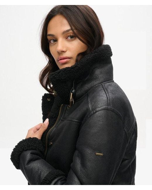 Superdry Black & Co Faux Shearling Cropped Aviator Jacket