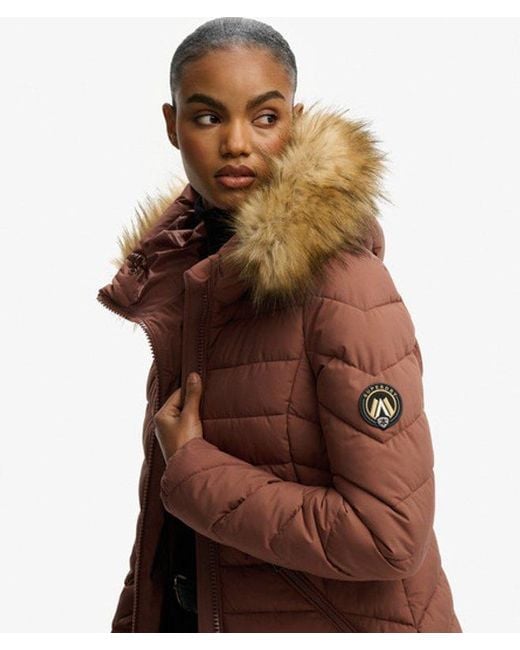 Superdry Brown & Co Fuji Faux Fur Hooded Mid Length Coat