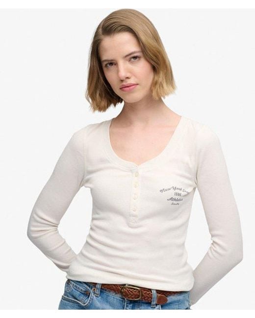 Superdry Athletic Button Down Longsleeve Top in het White