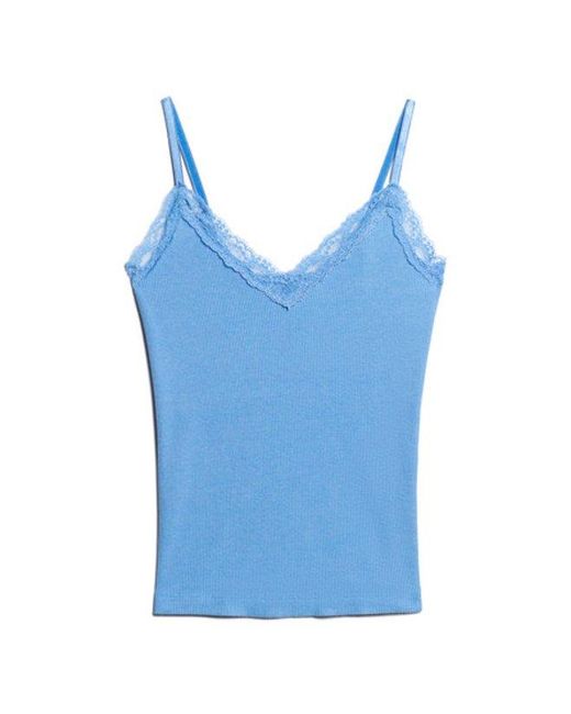 Superdry Blue & Co Organic Cotton Vintage Rib Lace Trim Cami Top
