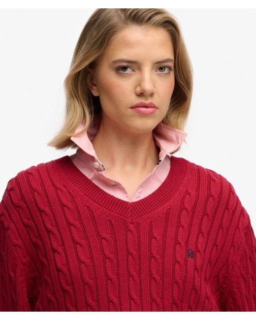 Superdry Red & Co Oversized V Neck Cable Jumper