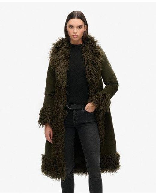 Superdry Black Faux Fur Lined Longline Afghan Coat