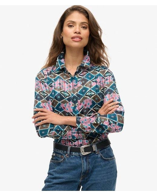 Superdry Blue & Co Sheer Lurex Printed Blouse