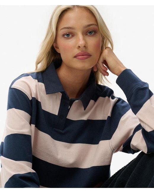 Superdry Blue & Co Athletic Essentials Cropped Stripe Rugby Top