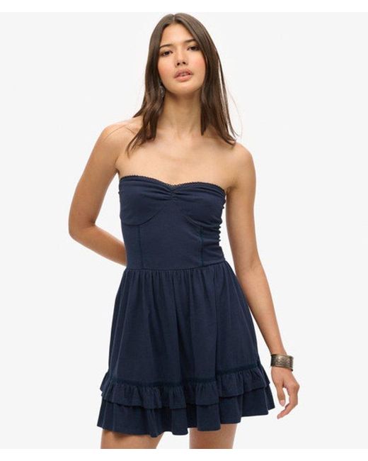 Superdry Blue Cotton 50s Lace Detail Detail Slim Fit Ruffle Bandeau Mini Dress