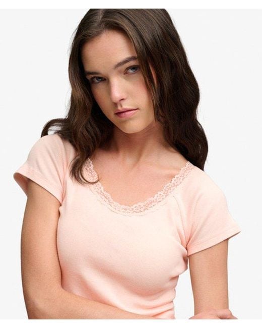 Superdry Natural & Co Athletic Essential Lace Trim V-neck T-shirt