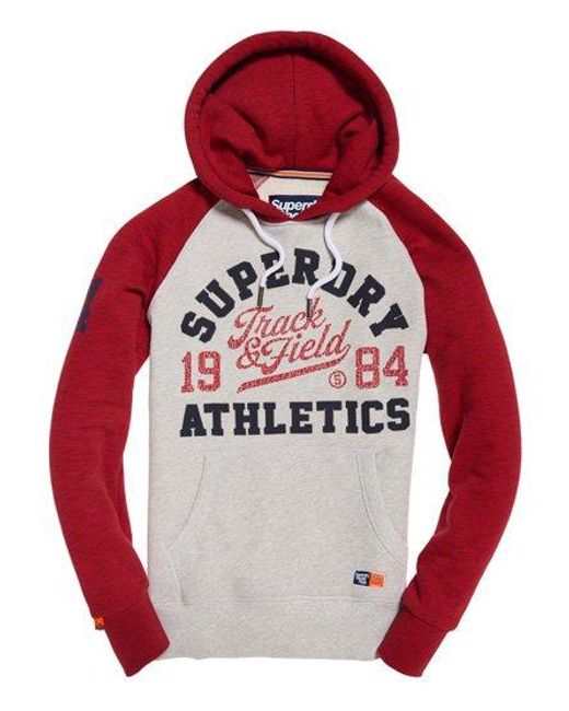 Superdry Red Track & Field Raglan Hoodie Ice Yarn Dye Grit/Detroit Grit for men