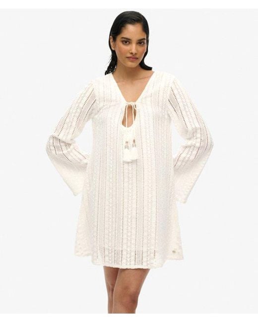 Superdry Natural Cotton Lace Detail Ibiza Mini Dress