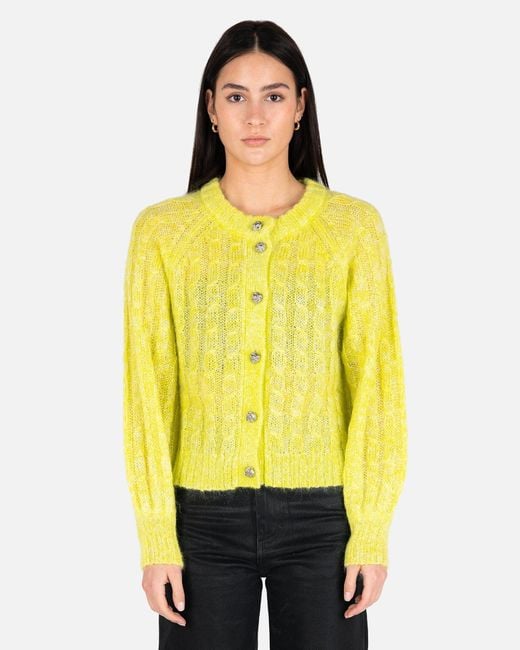 Ganni Synthetic Mohair Cable Knit Cardigan in Yellow | Lyst
