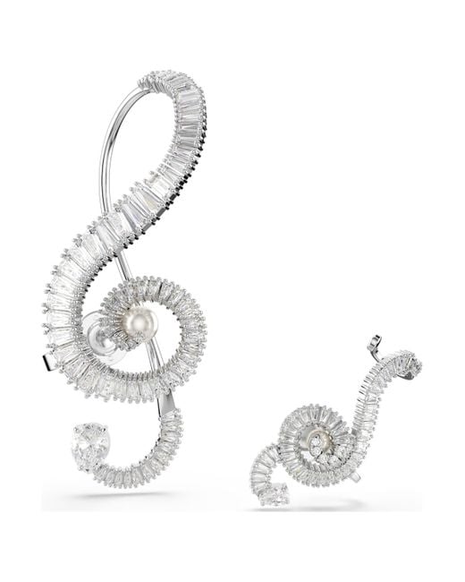 Boucles d'oreilles clip ariana grande x , design asymétrique, crystal pearl, taille baguette Swarovski en coloris White