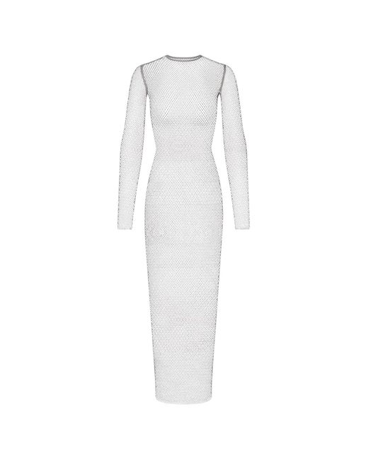 Swarovski White X Skims Stretch Net Long Sleeve Dress