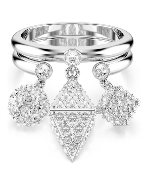 Swarovski Metallic Dextera Ring, Set (2) Sphere And Cube, Rhodium Plated
