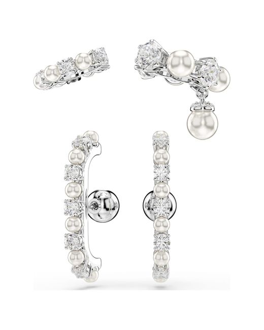 Pendiente ear cuff matrix, set (3), crystal pearl, talla redonda Swarovski de color Metallic