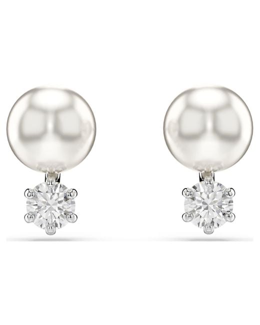 Swarovski Metallic Matrix Stud Earrings, Crystal Pearl, Round Cut, Rhodium Plated