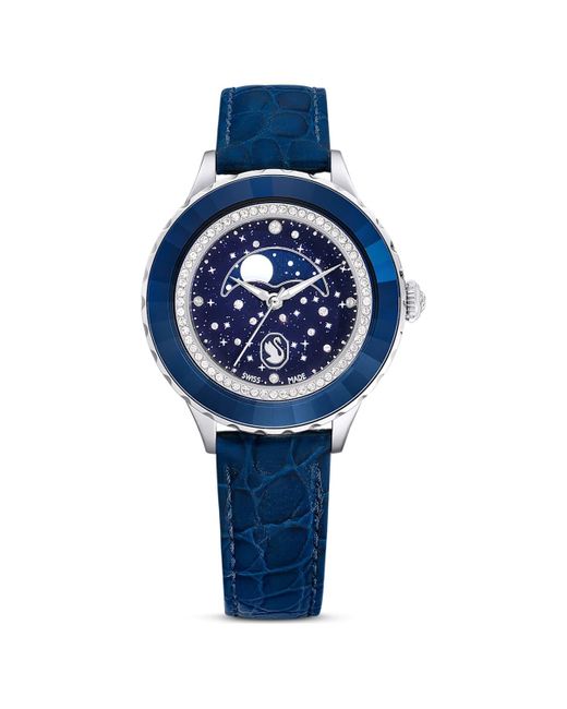 Swarovski Blue Octea Moon Watch, Swiss Made, Moon, Leather Strap, Stainless Steel