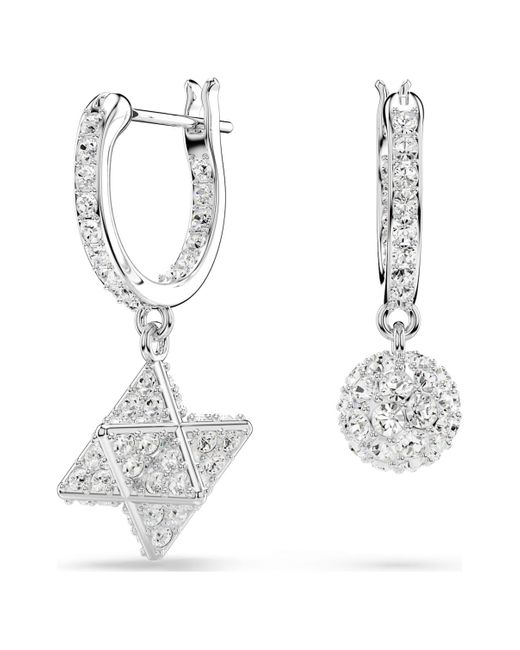 Swarovski Metallic Dextera Drop Earrings, Asymmetrical Design, Round Cut, Star And Sphere, Rhodium Plated