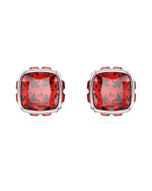 Swarovski Red Birthstone Stud Earrings, Square Cut, January, Rhodium Plated