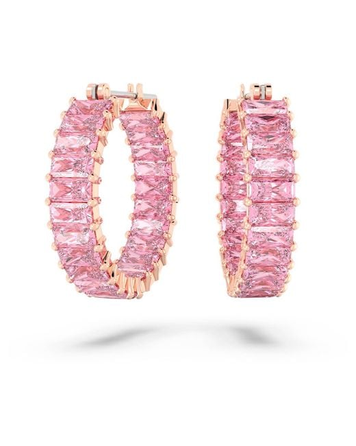 Swarovski Pink Matrix Hoop Earrings, Baguette Cut, 18K Rose Finish