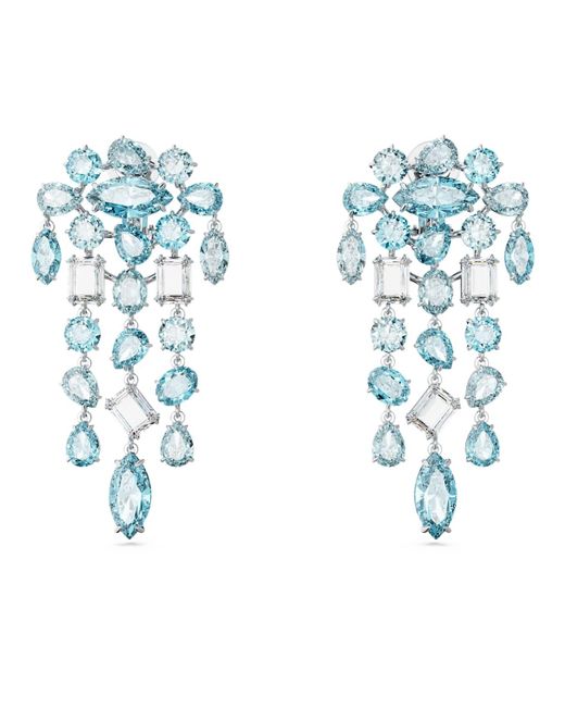 Swarovski Blue Gema Clip Earrings, Mixed Cuts, Chandelier, Extra Long, Rhodium Plated
