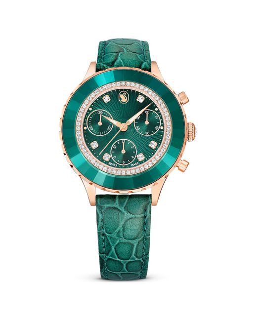 Swarovski Green Octea chrono uhr, schweizer produktion, lederarmband