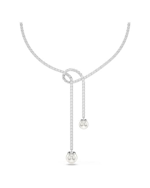 Swarovski Metallic Matrix Y Necklace, Crystal Pearl, Round Cut, Rhodium Plated