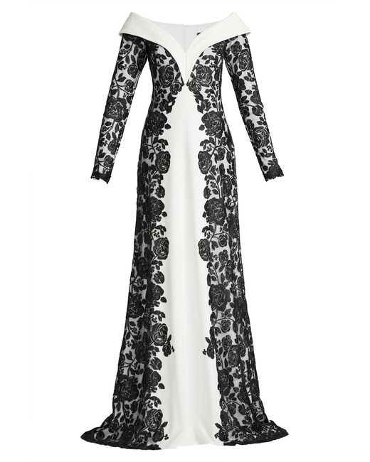 Tadashi Shoji Multicolor Melara Off-Shoulder Embroidered Crepe Gown-Bk/Iv