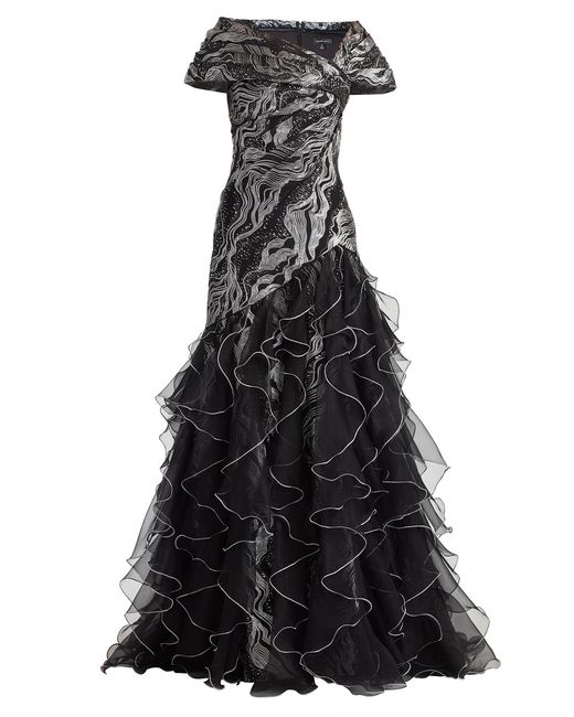 Tadashi Shoji Black Cosmina Stardust Motif Ruffle Gown-Sl/Bk