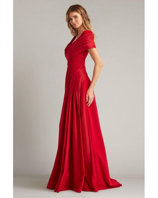 Tadashi Shoji Red Milica Draped Portrait Collar Gown-Chery