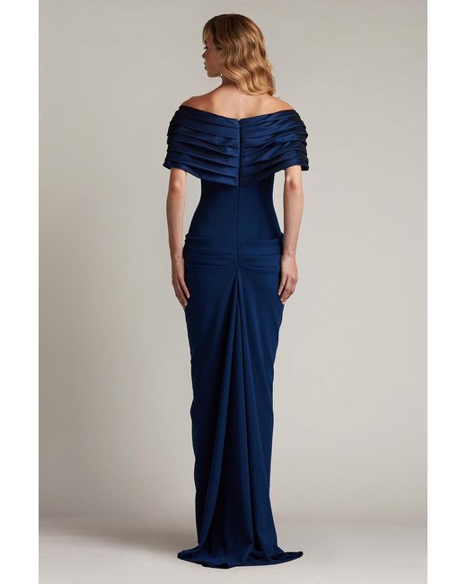Tadashi Shoji Blue Seraphine Pleated Portrait Collar Gown
