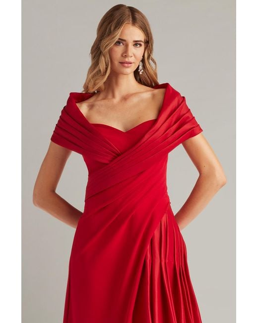 Tadashi Shoji Red Milica Draped Portrait Collar Gown-Chery