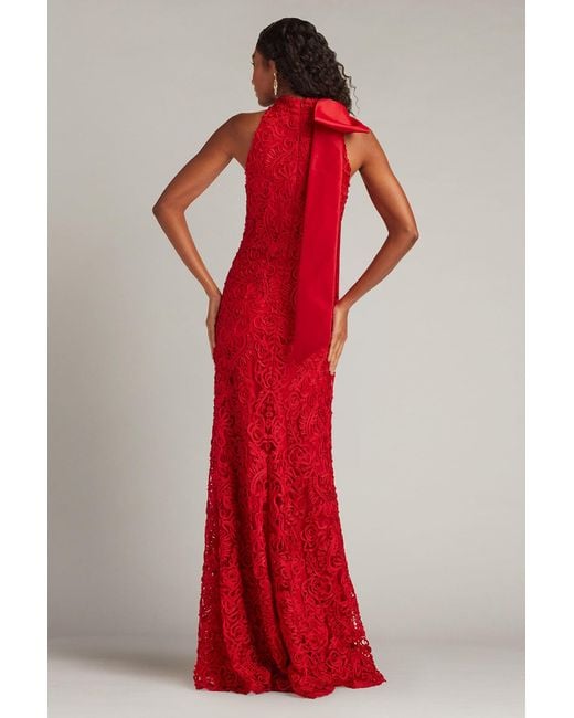 Tadashi Shoji Red Iria Shoulder Bow Lace Halter Gown-Chery