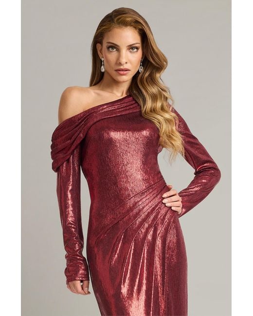 Tadashi Shoji Red Toryn Metallic Pleated Draped Gown-Lavrd