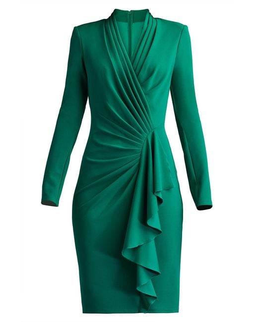Tadashi Shoji Green Markum Long-Sleeve Flounce Dress-Emera