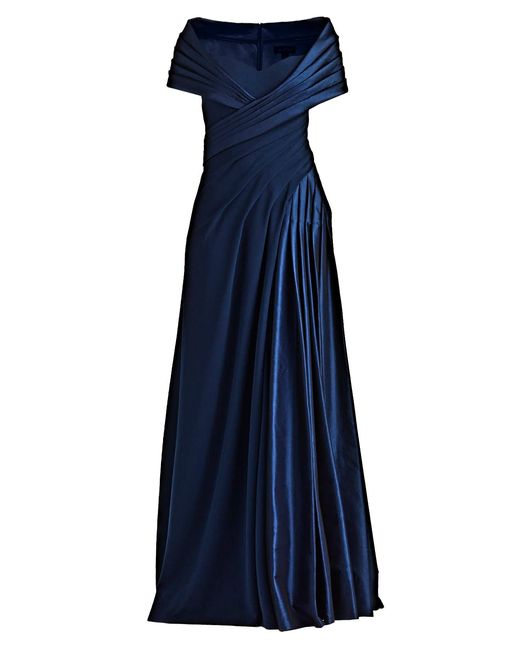 Tadashi Shoji Blue Milica Draped Portrait Collar Gown