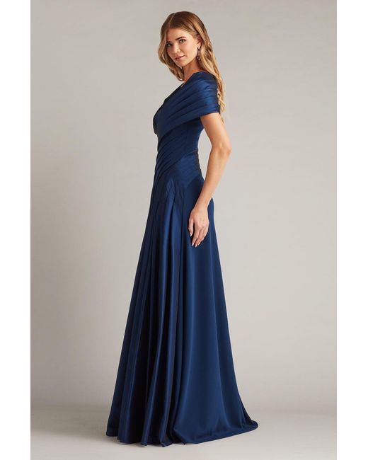 Tadashi Shoji Blue Milica Draped Portrait Collar Gown