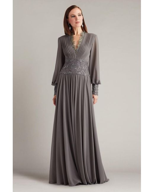 Tadashi Shoji Gray Mariela Embellished Blouson-Sleeve Gown-Mist
