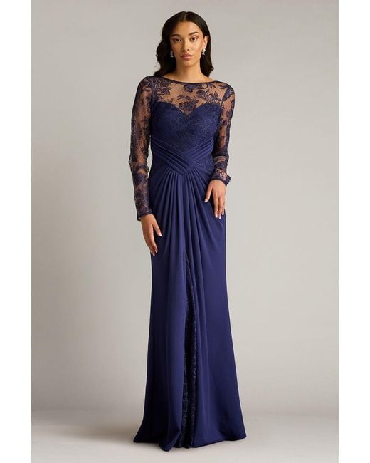 Tadashi Shoji Blue Ravina Embroidered Illusion Gown-Notte