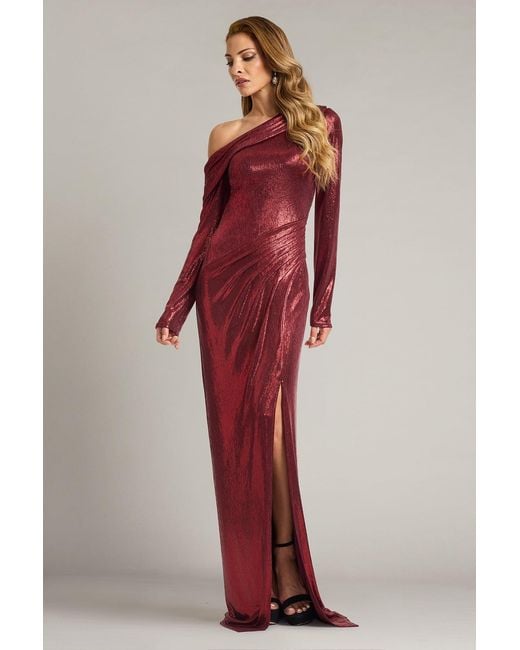 Tadashi Shoji Red Toryn Metallic Pleated Draped Gown-Lavrd