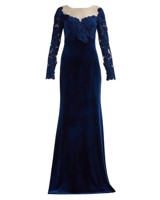 Tadashi Shoji Blue Rhyne Embroidered Velvet Gown