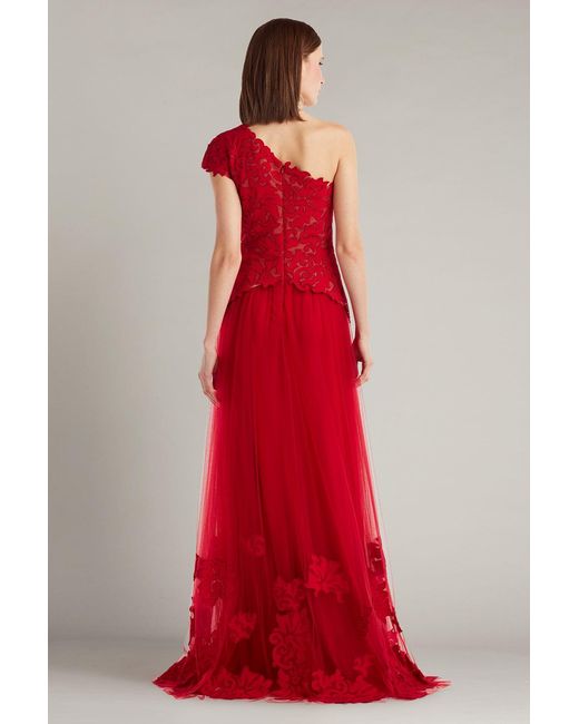 Tadashi Shoji Red Marcelline One-Shoulder Laser-Cut Gown-Chrnu