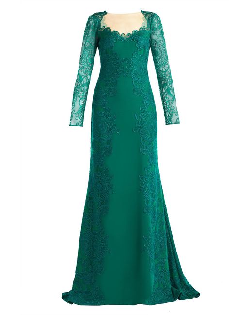 Tadashi Shoji Green Regal Embroidered Timepiece Lace Gown-Emera