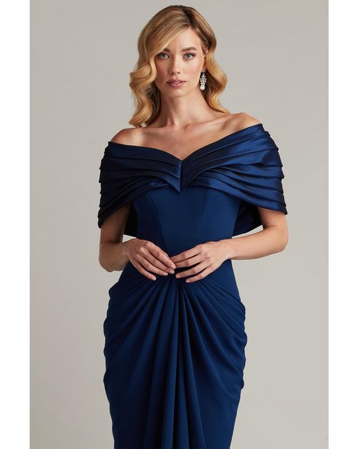Tadashi Shoji Blue Seraphine Pleated Portrait Collar Gown