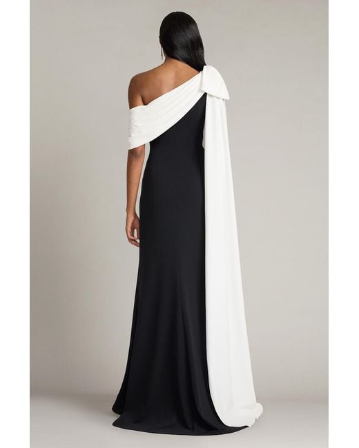 Tadashi Shoji Blue Romi One-Shoulder Bow Cape Gown-Bk/Iv