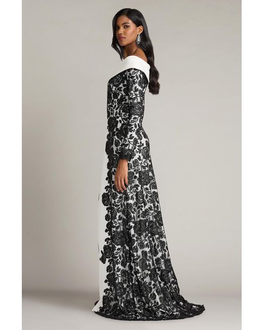 Tadashi Shoji Multicolor Melara Off-Shoulder Embroidered Crepe Gown-Bk/Iv
