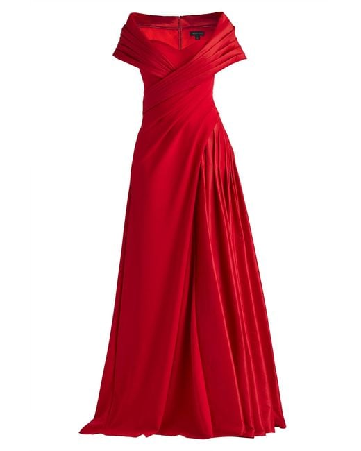 Tadashi Shoji Red Milica Draped Portrait Collar Gown-Chery