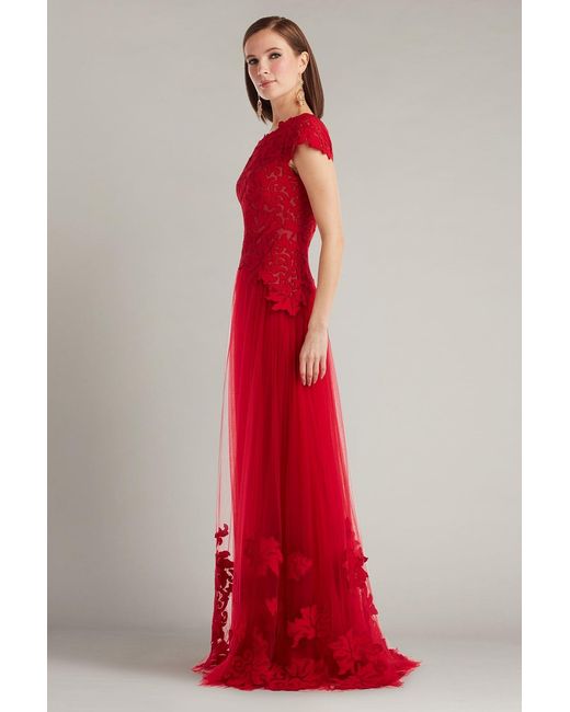 Tadashi Shoji Red Marcelline One-Shoulder Laser-Cut Gown-Chrnu