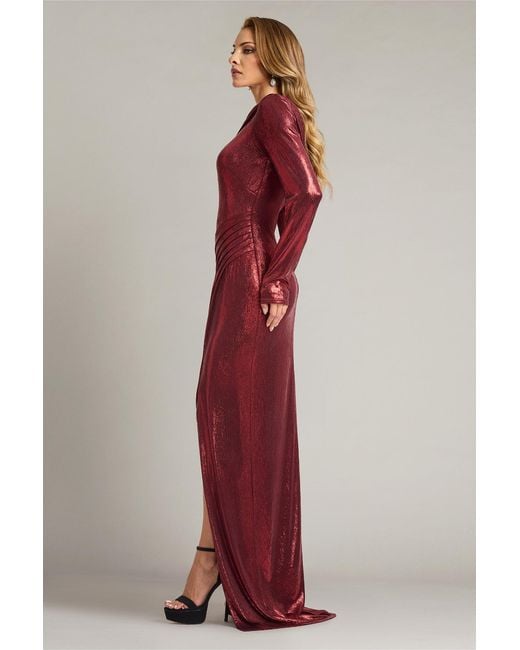 Tadashi Shoji Red Toryn Metallic Pleated Draped Gown-Lavrd